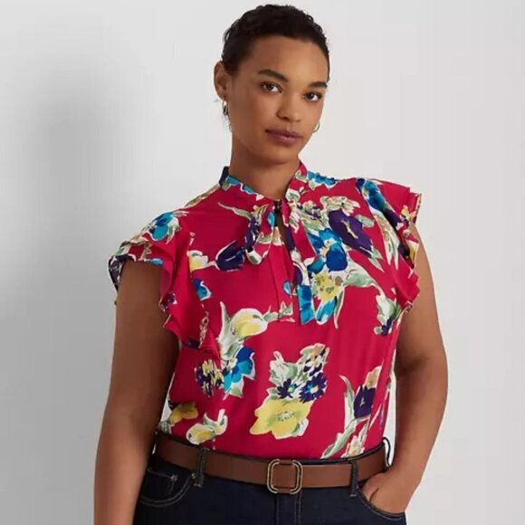 Ralph Lauren Neck Tie Top Blouse Women's Size 3X Pink Floral Flutter Sleeves - Picture 1 of 12